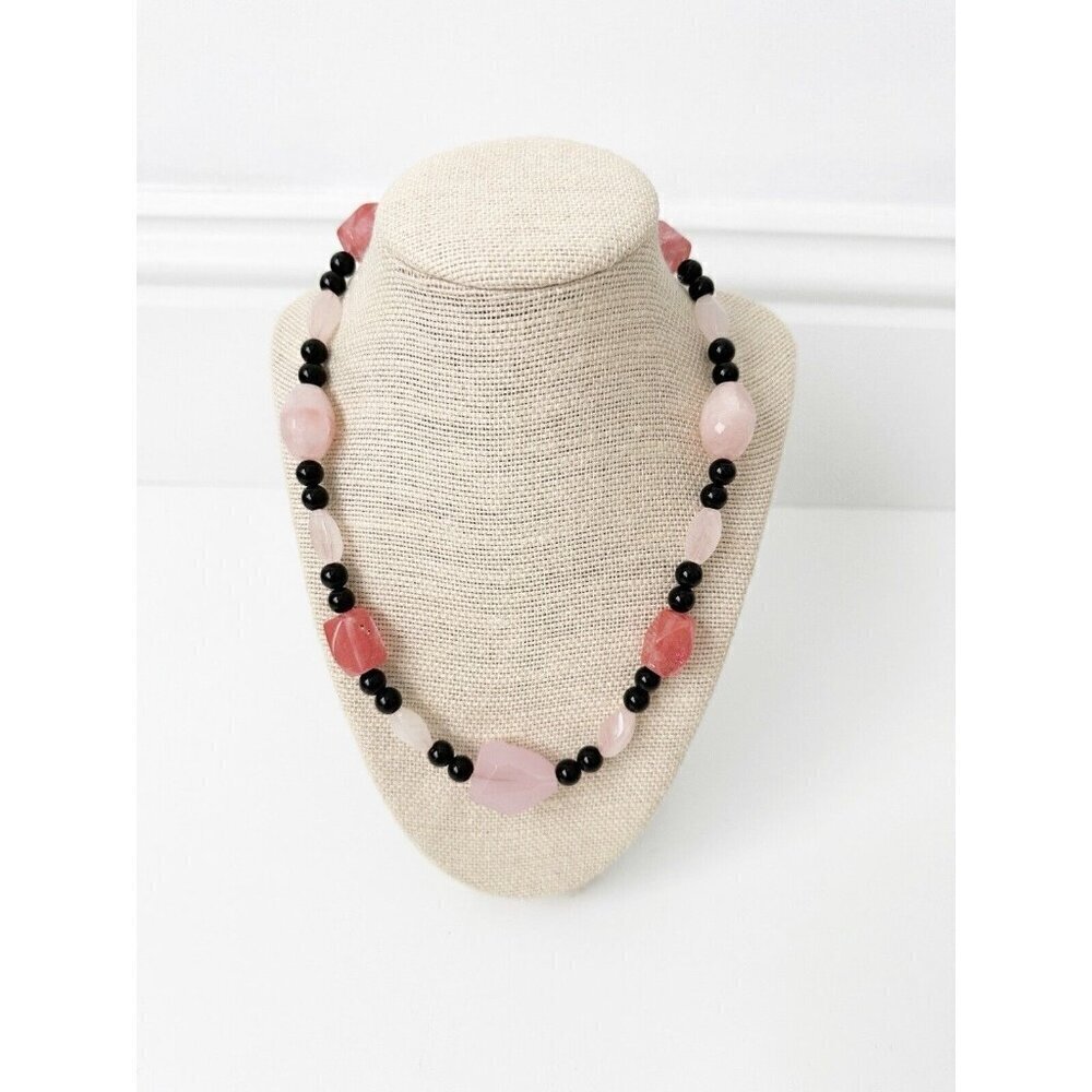 NWT Genuine Pink Quartz & Black Onyx Necklace Pink Black Beaded